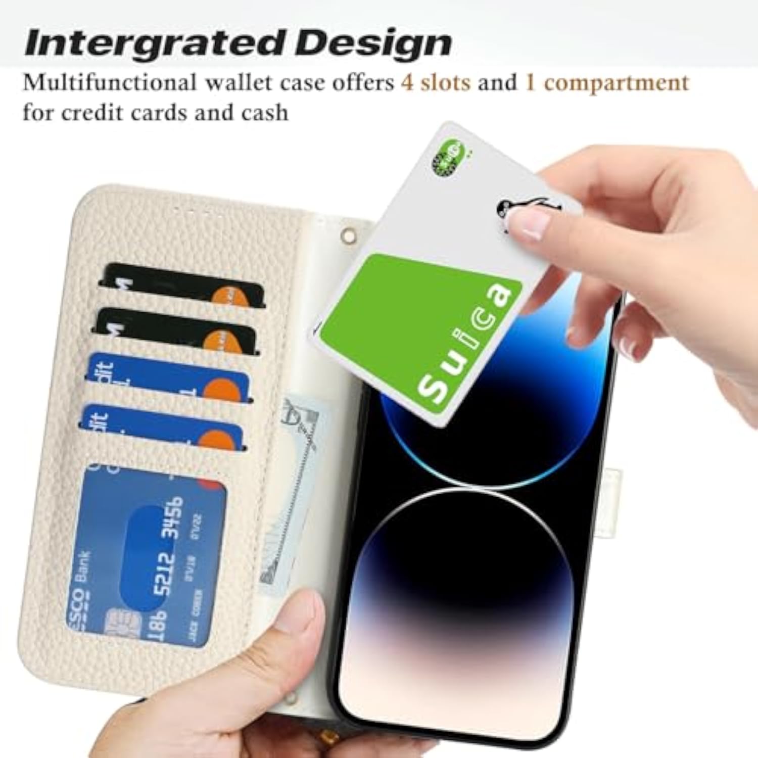Genuine Leather Wallet Case for iPhone 14 Pro 6.1" with 4 Card Slots and RFID Blocking - Milky White