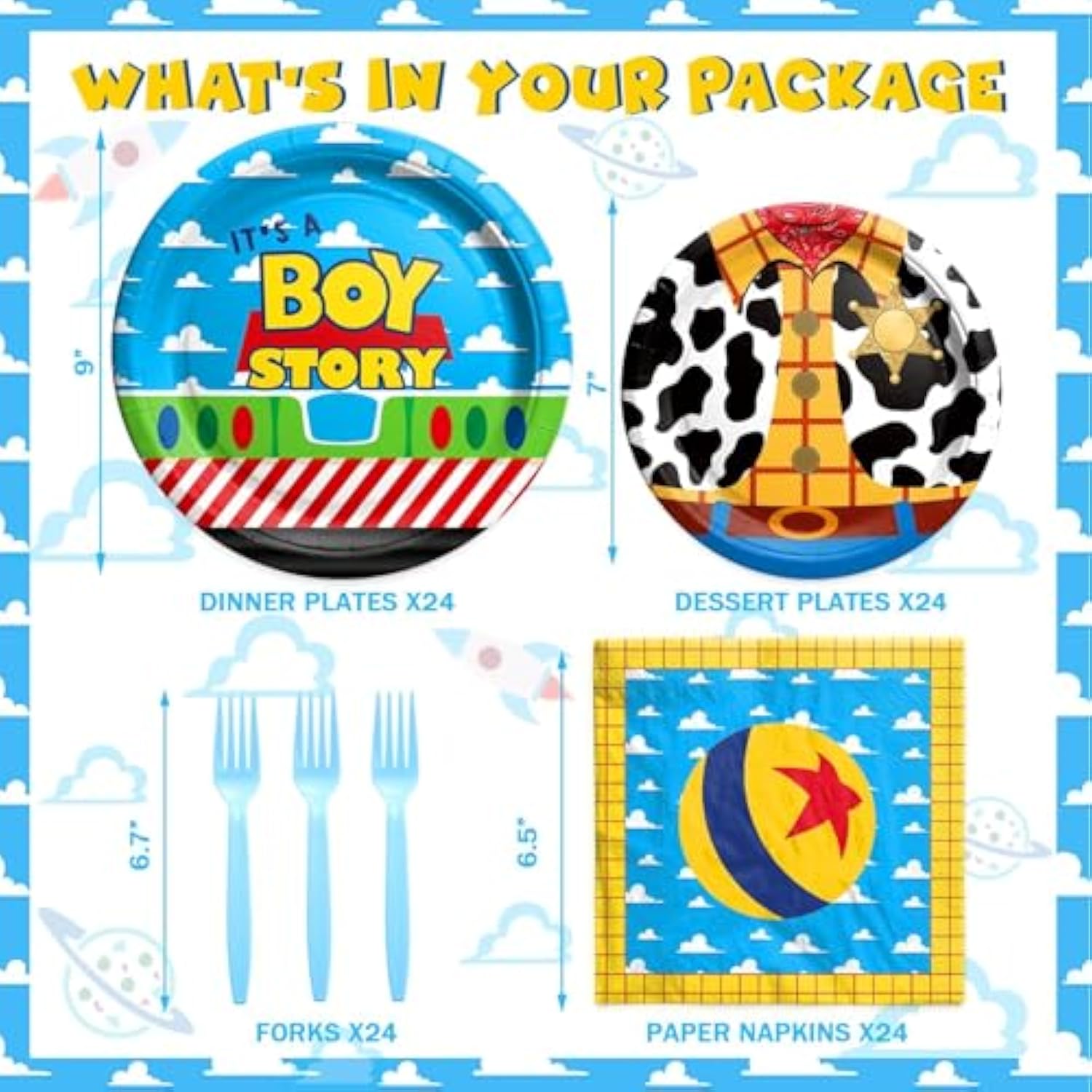 Cartoon Toy Baby Shower Supplies Tableware Set, Baby Shower Decorations Boy, Blue Toy Theme Inspired Story It'S A Boy Story Decorations, Plates, Napkins, Forks, Serves 24 Guests