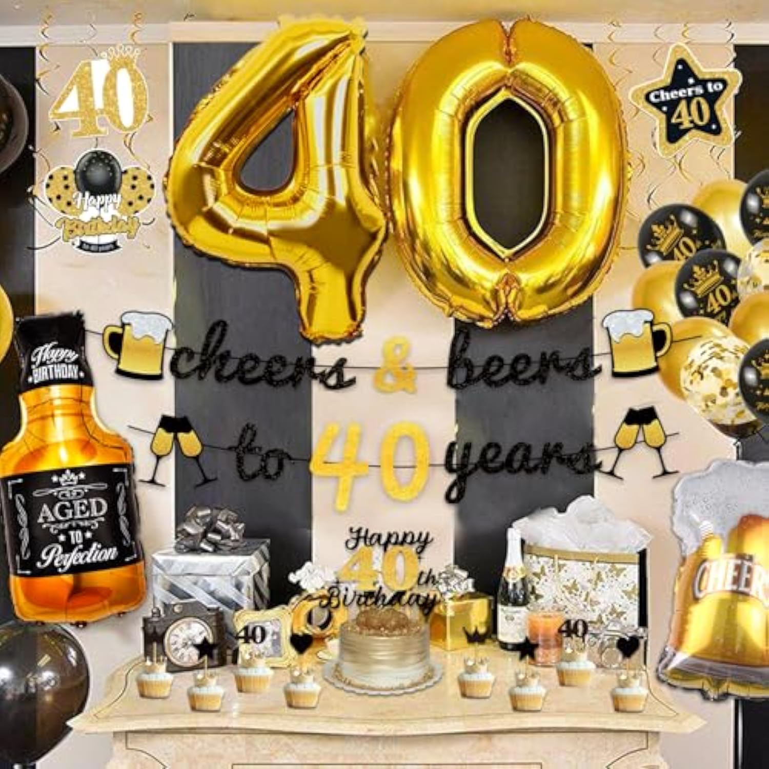 40Th Birthday Decorations For Him, 40Th Birthday Party Decorations Black And Gold Decorations With Gold 40 Number Balloons,Cheers To 40 Years Banner For Men Happy 40Th Birthday Decorations