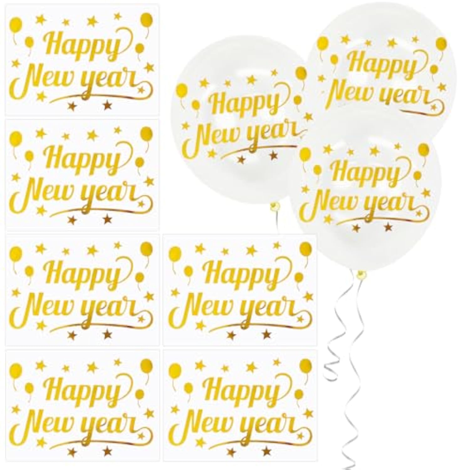 Happy New Year Balloon Stickers Gold Bobo Balloon Decorations Star Balloons Letter Stickers Decals For New Years Christmas Party Balloons Gift Diy Supplies 6Pcs