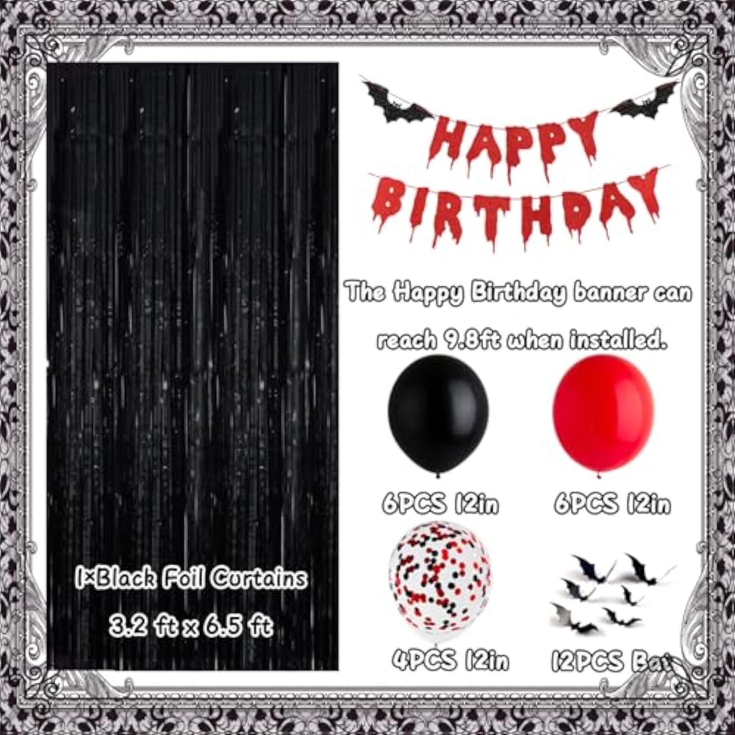 Red Black Happy Birthday Glittery Halloween Banner Black Foil Curtains Backdrop 3D Bat Sticker Latex Balloons Confetti Balloon For Birthday Party Decoration Halloween Party Supplies