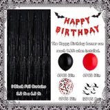 Red Black Happy Birthday Glittery Halloween Banner Black Foil Curtains Backdrop 3D Bat Sticker Latex Balloons Confetti Balloon For Birthday Party Decoration Halloween Party Supplies