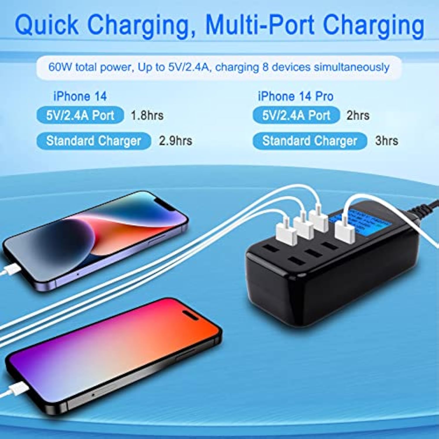 Usb Charging Station, 60W 8 Port Charging Hub 12A Usb Charger Station With Lcd Display For Multiple Devices, Smart Desktop Charger For Iphone 14/14 Pro/13 Pro/13 Pro Max, Galaxy, Ipad