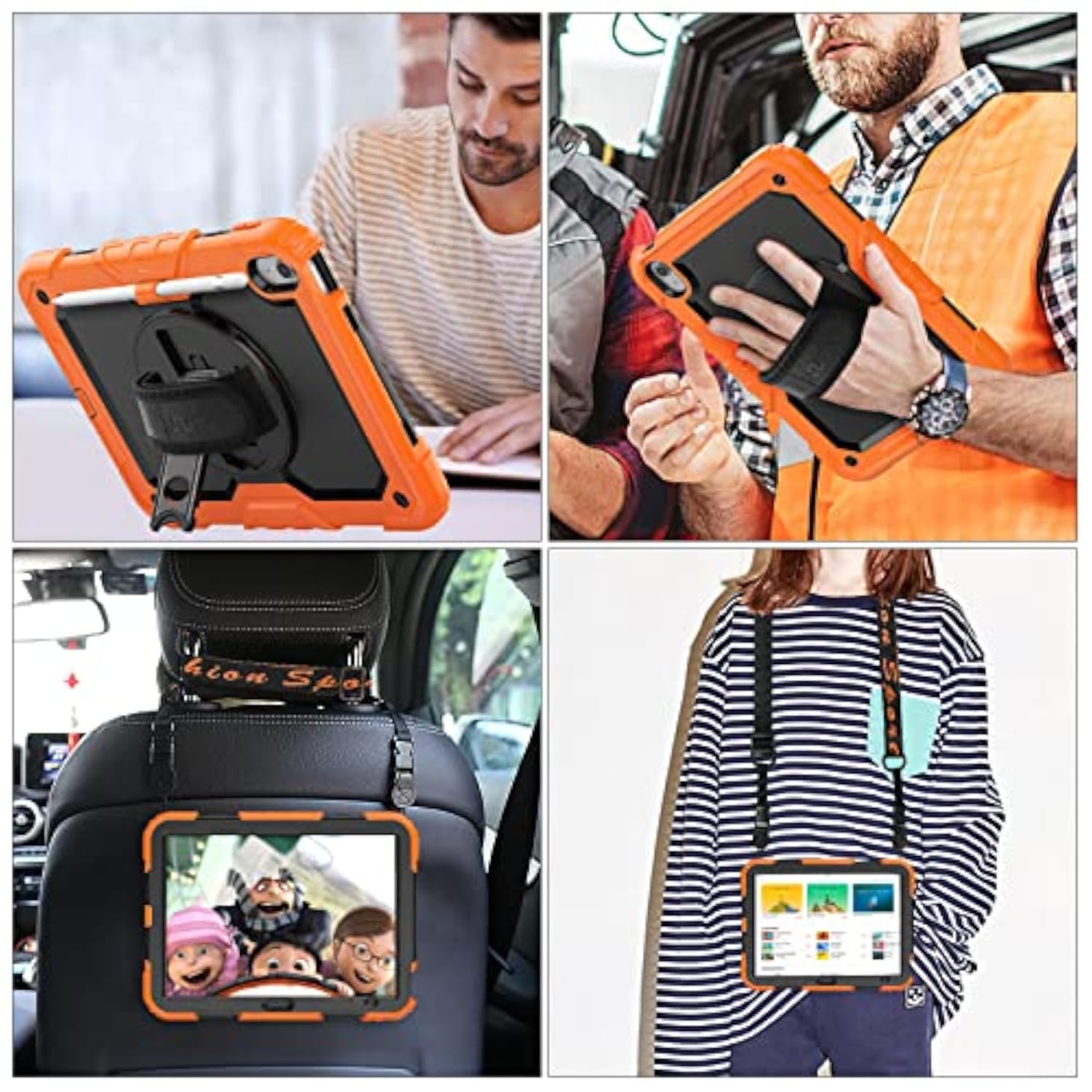 Full-Body Drop Protection Case for iPad 11th/10th Generation 11''/10.9'' 2025/2022, Includes Screen Protector and 360° Rotate Hand Strap/Stand, Black and Orange
