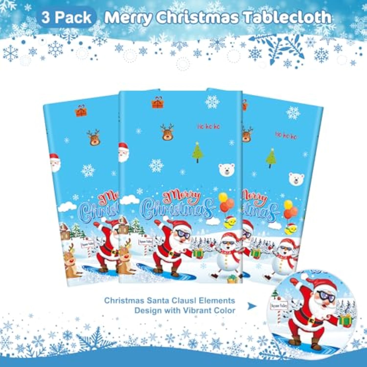 3 Pcs Merry Christmas Tablecloth - Xmas Cool Santa Claus Plastic Table Cloth Disposable Rectangular Blue White Table Covers For Christmas Tables Decorations Party Supplies Decor, 108 X 54 Inch