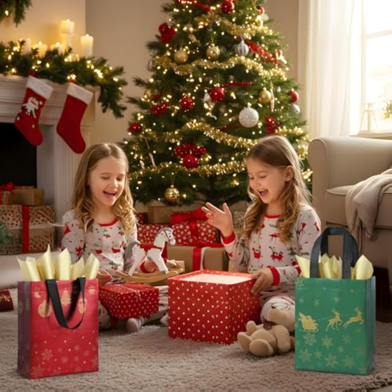 16 Pack 10" Christmas Gift Bags Medium Size With Tissue Paper, Reusable Non-Woven Christmas Tote Bags With Handles, Perfect For Holiday Gift Wrap/Party Favor Supplies, 10.2" × 8.3" × 4"