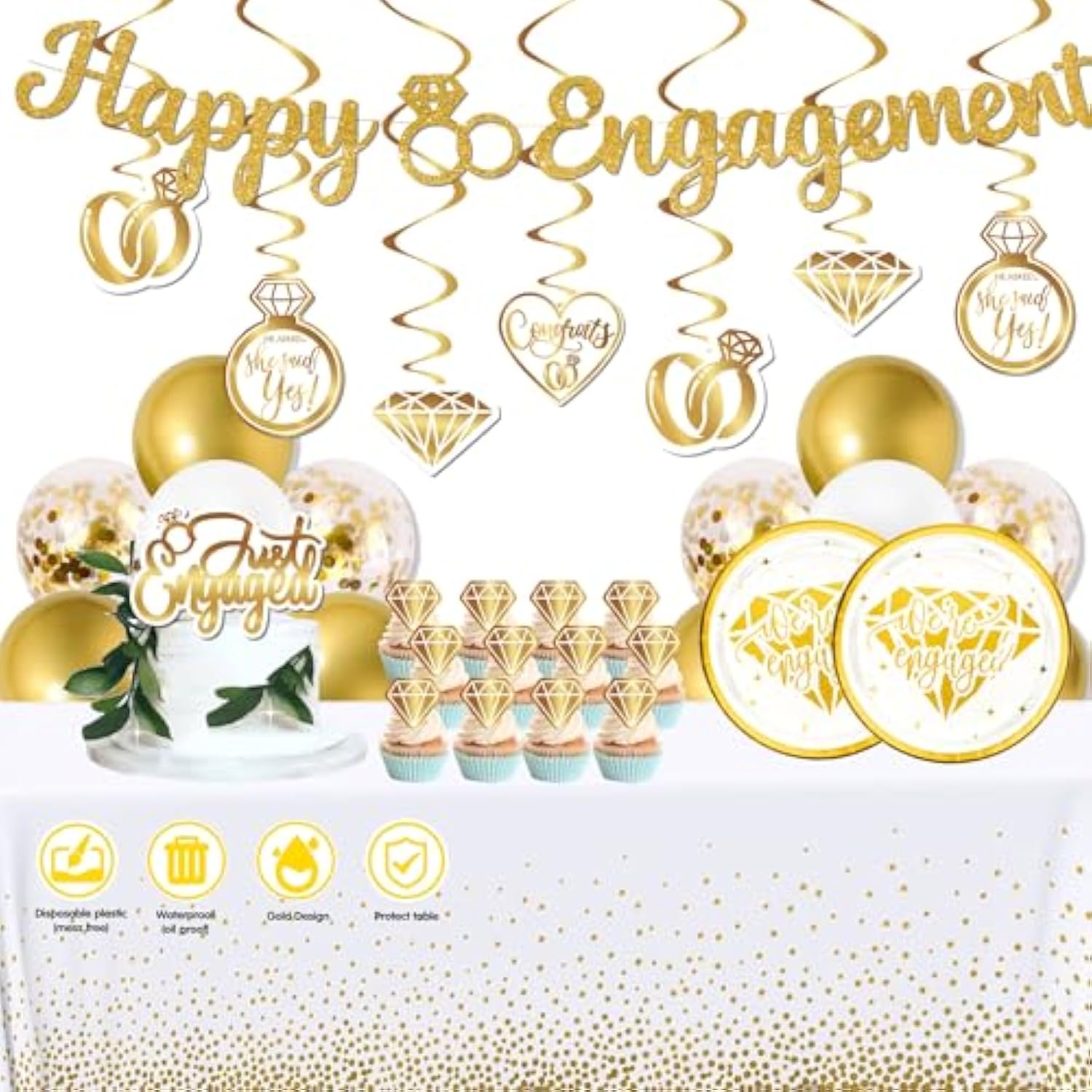 Gold Engagement Party Decorations - (Total 90Pcs) Glitter Happy Engaged Banner, Mr And Mrs Balloons, Hanging Swirl,Balloons, Ring Balloons For Wedding Engagement Party Decor