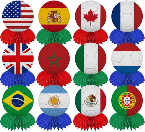 World Soccer Decorations 12PCS International Flag Honeycomb Centerpieces Double Sided, Soccer Themed Table Decorations Supplies for 2026 Football Game Day, Sports Themed Party, Fan Birthday