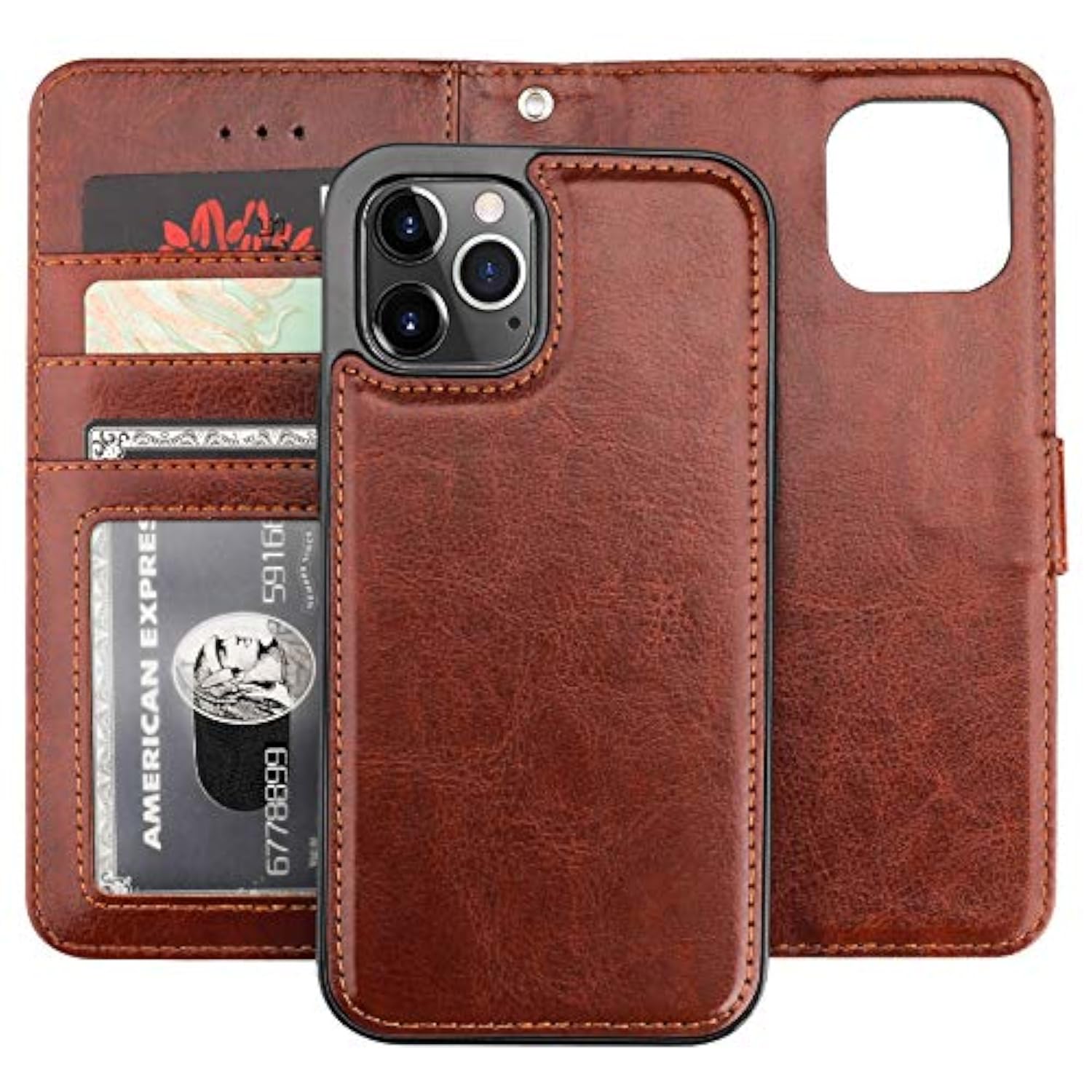 Compatible With 12 & 12 Pro Wallet Case With Card Holder Pu Leather Magnetic Detachable Kickstand Shockproof Wrist Strap Removable Flip Cover 6.1 Inch (Brown)