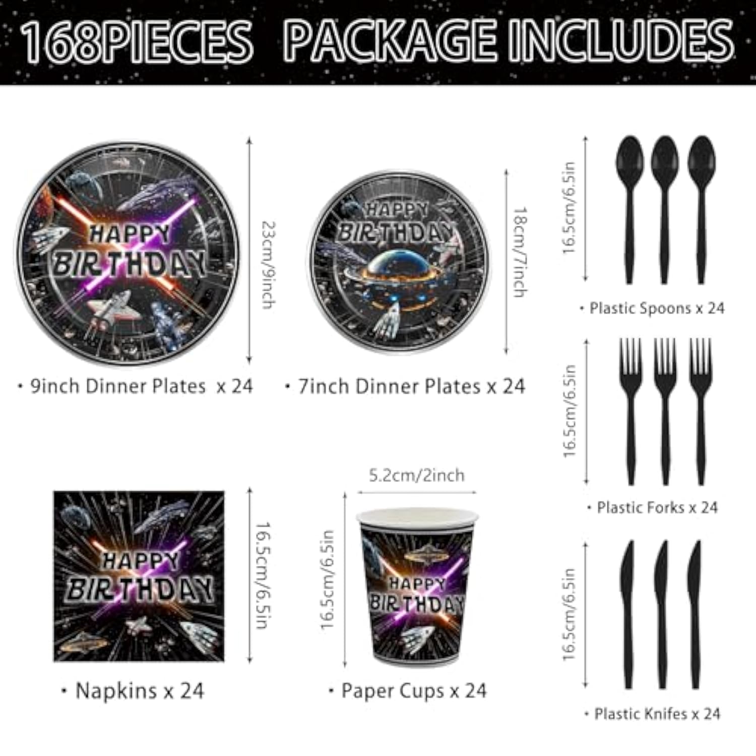 168Pcs Star Plates Napkins Birthday Party Supplies Disposable Paper Cups Black Forks Galaxy Movie Star Party Decorations Tableware Set For Kids Boys Birthday Decor Serves 24 Guests