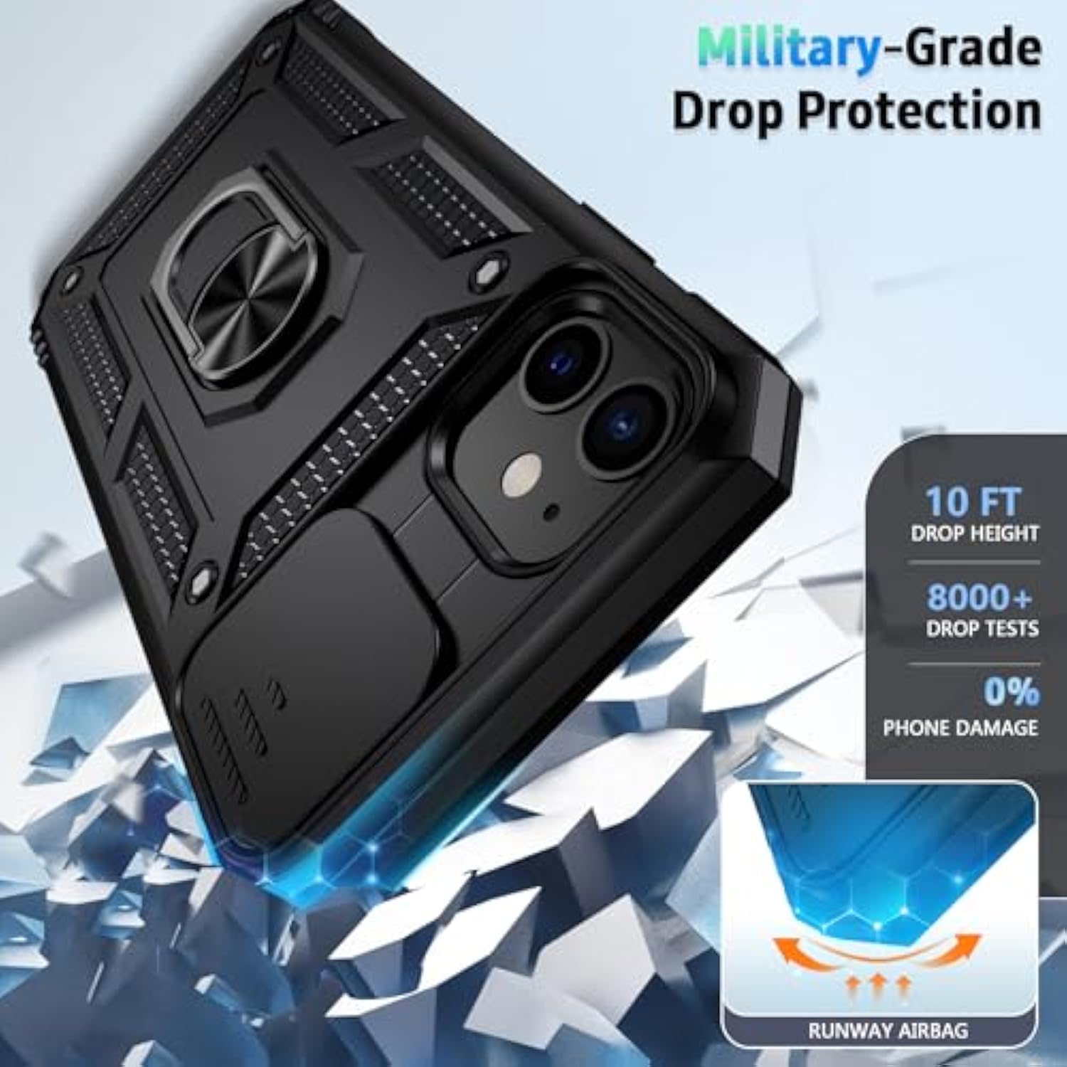 For Iphone 12 Case, Iphone 12 Pro Case, Slide Lens Cover, Hd Screen Protector, Military Grade Drop Protection, Magnetic Rotated Ring Holder Kickstand Phone Case (Black)