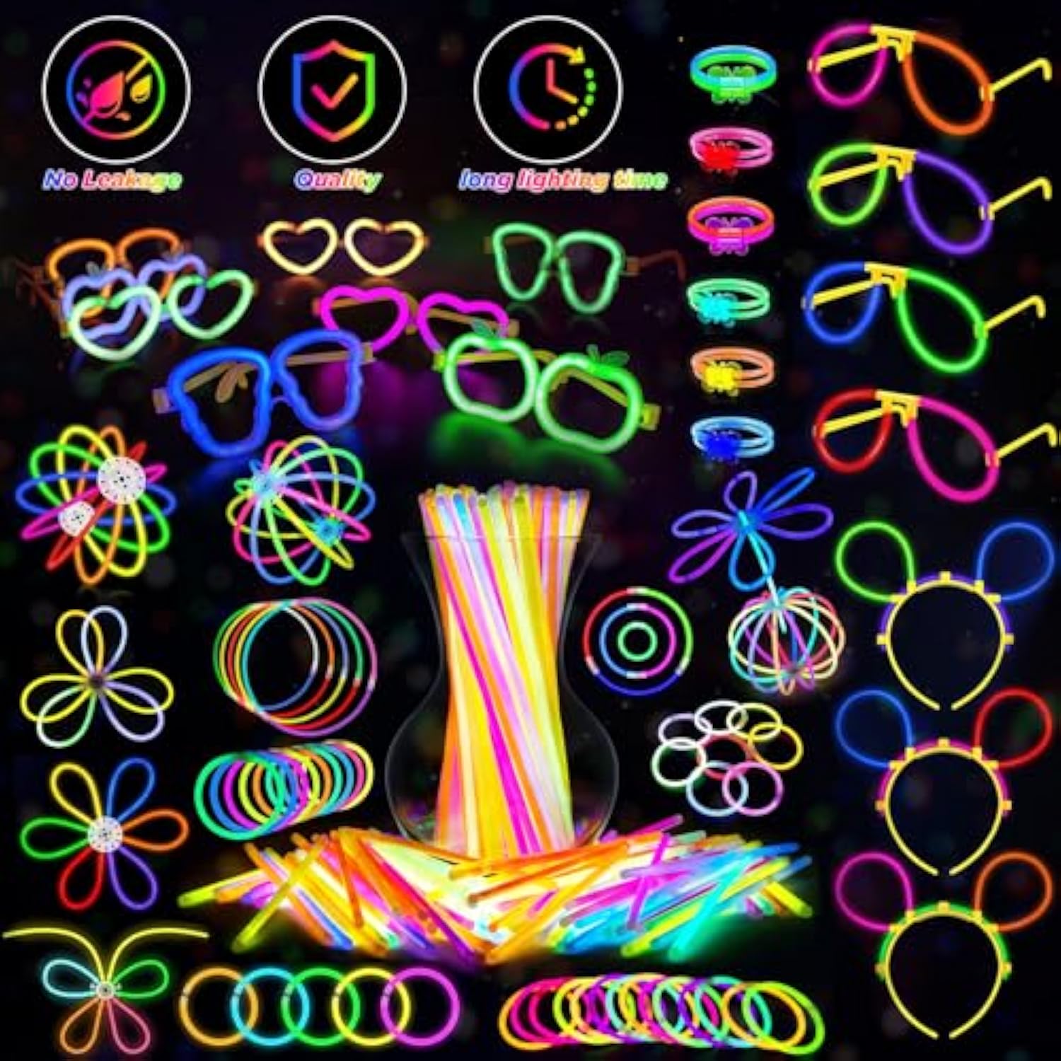 Glow In The Dark Party Favors For Adults Kids, 27 Carnival Accessories, 56 Led Light Up Toys Bulk, 100 Glow Sticks Party Pack, Neon Party Supplies & Decorations