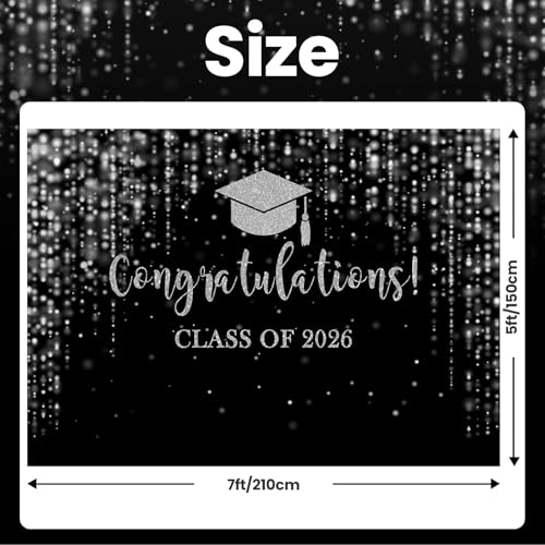 Class of 2026 Backdrop Black Silver Glitter Bokeh Graduation Party Background 2026 Congrats Grad Prom Party Cake Table Decoration Photo Booth Props (7x5ft)
