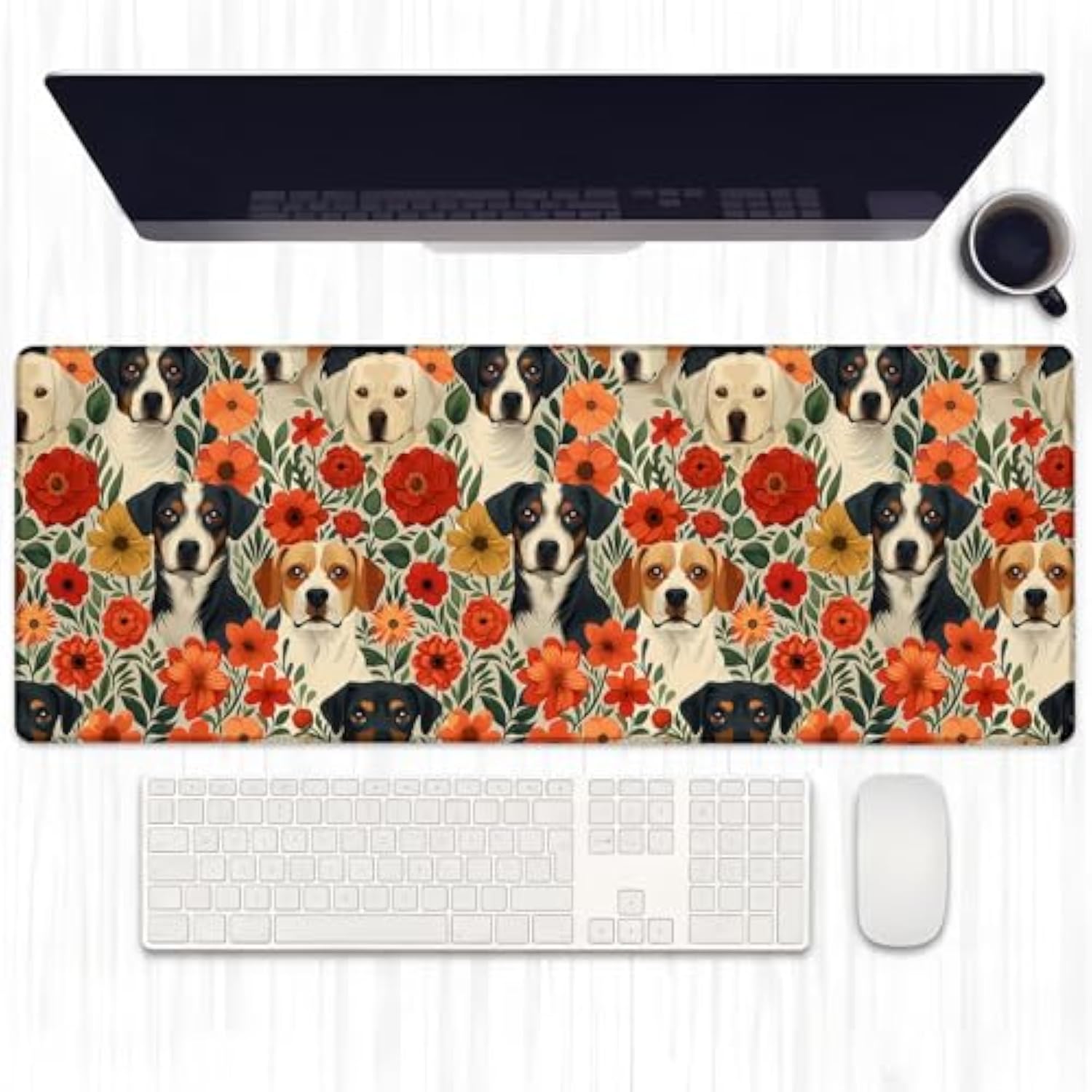 Cute Dog With Floral Gaming Mouse Pad, Extended Lovely Puppy Face Desk Mat Computer Laptop Mousepad, Robust Stitched Edges, 31.5"×11.8" Large Office Keyboard Mouse Pads For Home Desktop Decor