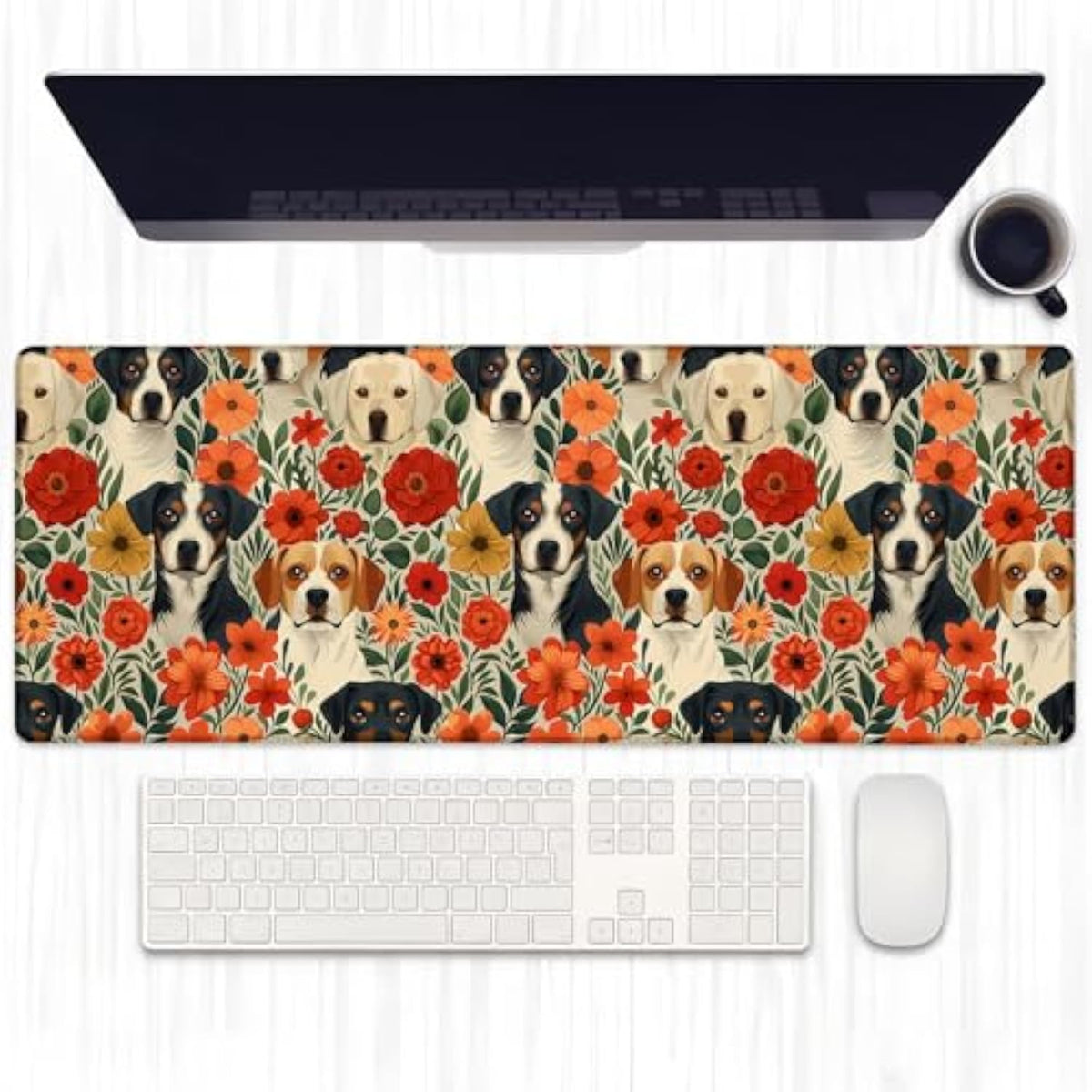 Cute Dog With Floral Gaming Mouse Pad, Extended Lovely Puppy Face Desk Mat Computer Laptop Mousepad, Robust Stitched Edges, 31.5"×11.8" Large Office Keyboard Mouse Pads For Home Desktop Decor