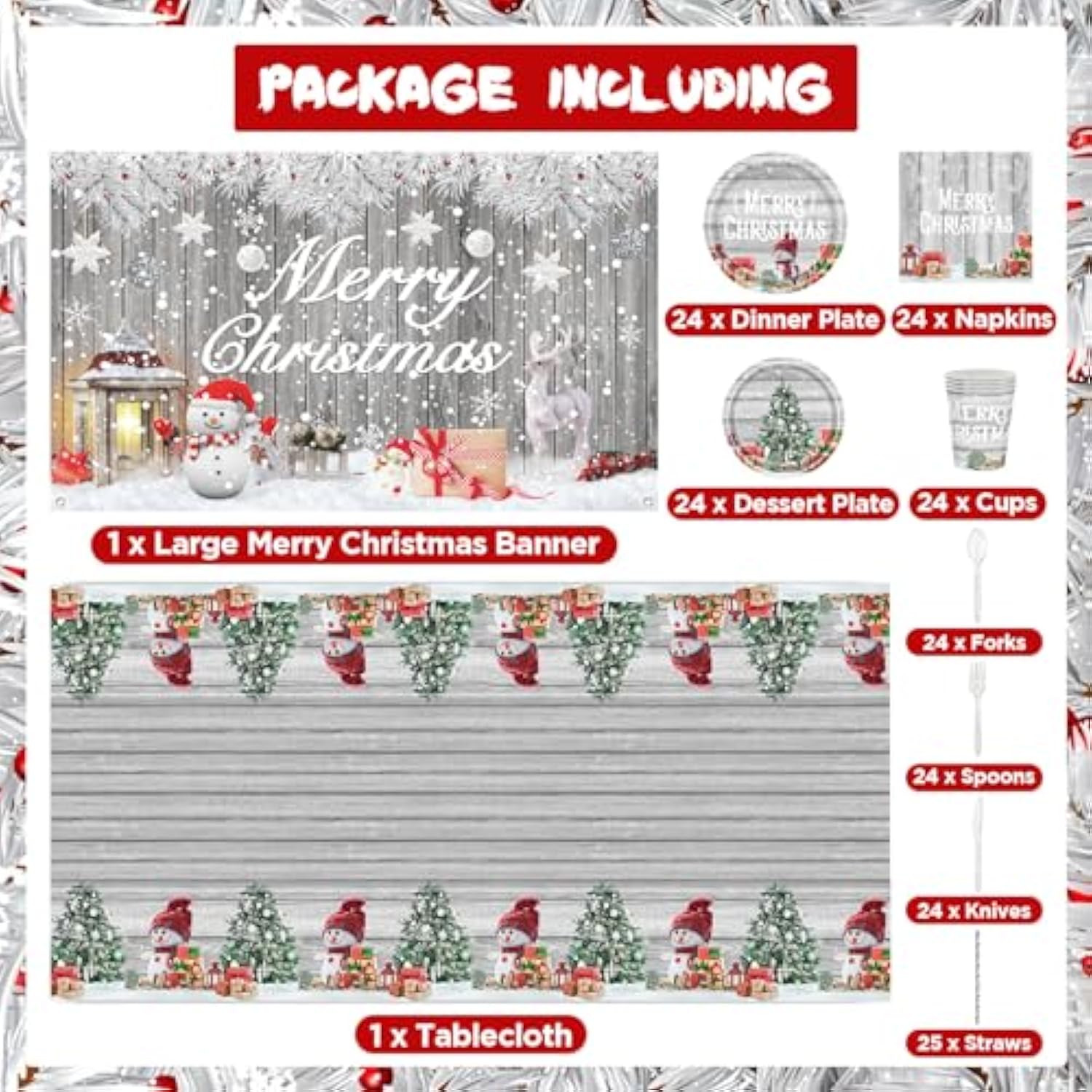 195Pcs Silver Christmas Party Supplies Decorations Christmas Tableware Set Kit Includes Xmas Paper Plates And Napkins Sets Glitter Merry Xmas Disposable Dinnerware Tablecloth Banner Backdrop Serve 24