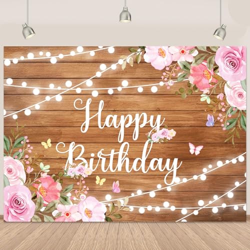 Happy Birthday Backdrop Banner for Women Rustic Wooden 7X5ft (84x59 inch) Large Happy Birthday Banner Decorations Pink Floral Party Decoration Background for 20th 30th Women Girl