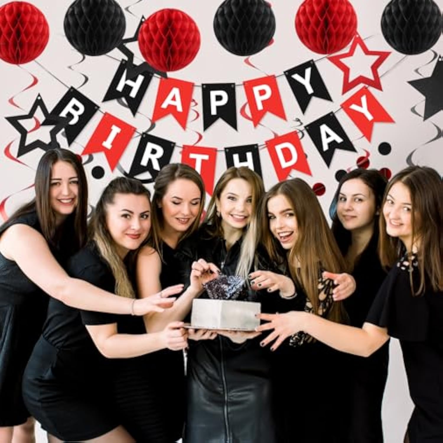 Birthday Decorations, Happy Birthday Banner With Honeycomb Balls, Star Hanging Swirl Streamers, Circle Dots Garland, Happy Birthday Party Decorations For Women Men Boys Girls (Red & Black)
