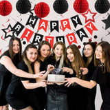 Birthday Decorations, Happy Birthday Banner With Honeycomb Balls, Star Hanging Swirl Streamers, Circle Dots Garland, Happy Birthday Party Decorations For Women Men Boys Girls (Red & Black)