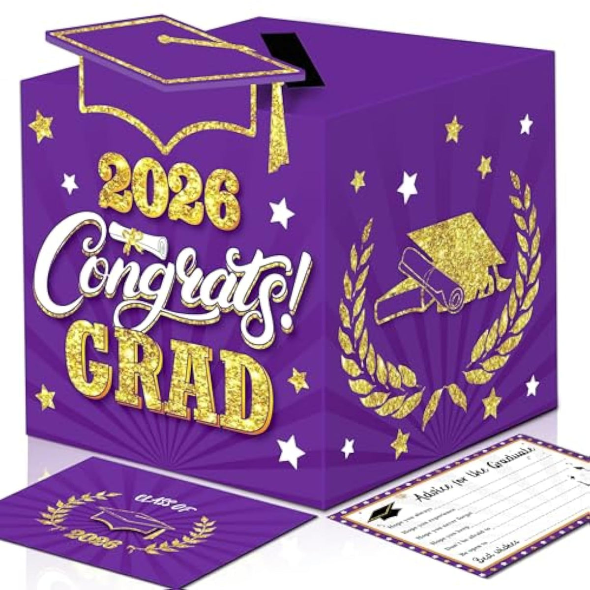 Graduation Wish Cards With Purple And Gold Graduation Card Holder Box - 36Pcs Class Of 2026 Graduation Advice Cards And 2026 Congrats Grad Card Box For Graduation Party Decoration Purple