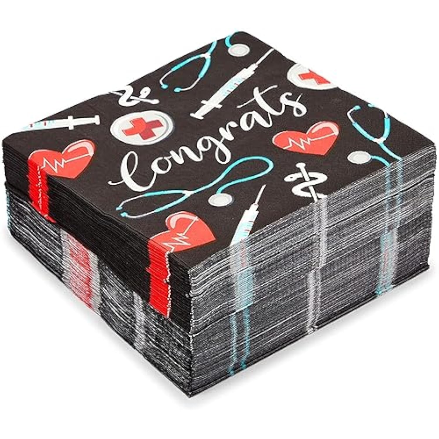 100-Pack Nurse Graduation Decorations Cocktail Napkins - 6.5In X 6.5In Folded, 13In X 13In Unfolded 2-Ply Black - Absorbent Medical Napkins For Rn Party Decor