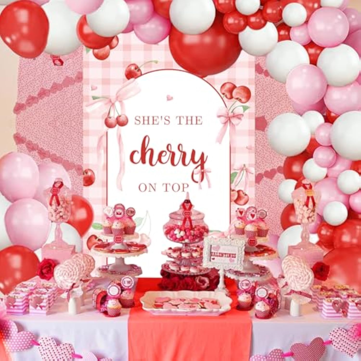 127Pcs Red Pink White Balloons Arch Kit, She Is The Cherry On Top Banner Backdrop, Cherry Birthday Bridal Shower Party Decorations, Fruit Baby Shower Balloons Garland Party Decor