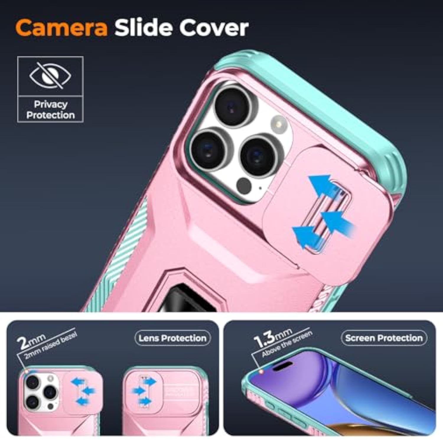 Case For Iphone 15 Pro Max With Slide Camera Cover+Screen Protector(2 Packs), Military Grade Shockproof Protective Cover, Rotated Ring Kickstand(A - Pink+Celadon)