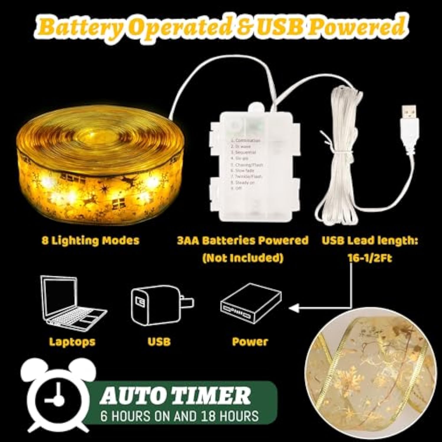 Christmas Decorations, 2.5Inch X 33Ft 100 Led Christmas Tree Ribbon Lights With Remote Control, Battery Operated & Usb P