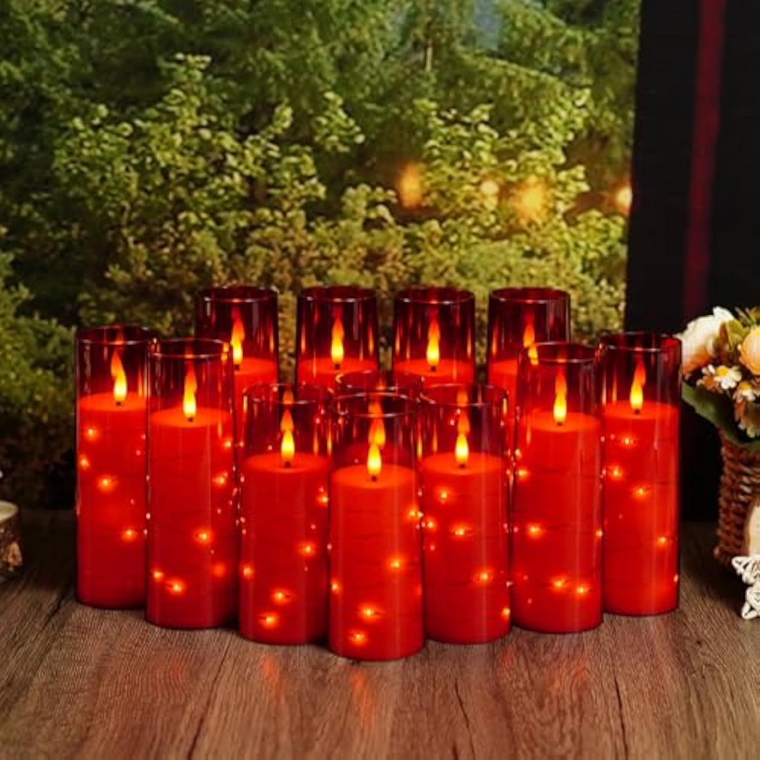 Flameless Candles With Embedded Star String - Battery Operated Led Candles, With Remote,12 Red Flickering Candles For Christmas, Weddings, Home Decor & Party,(D 2.3"×H 5" 6" 7")