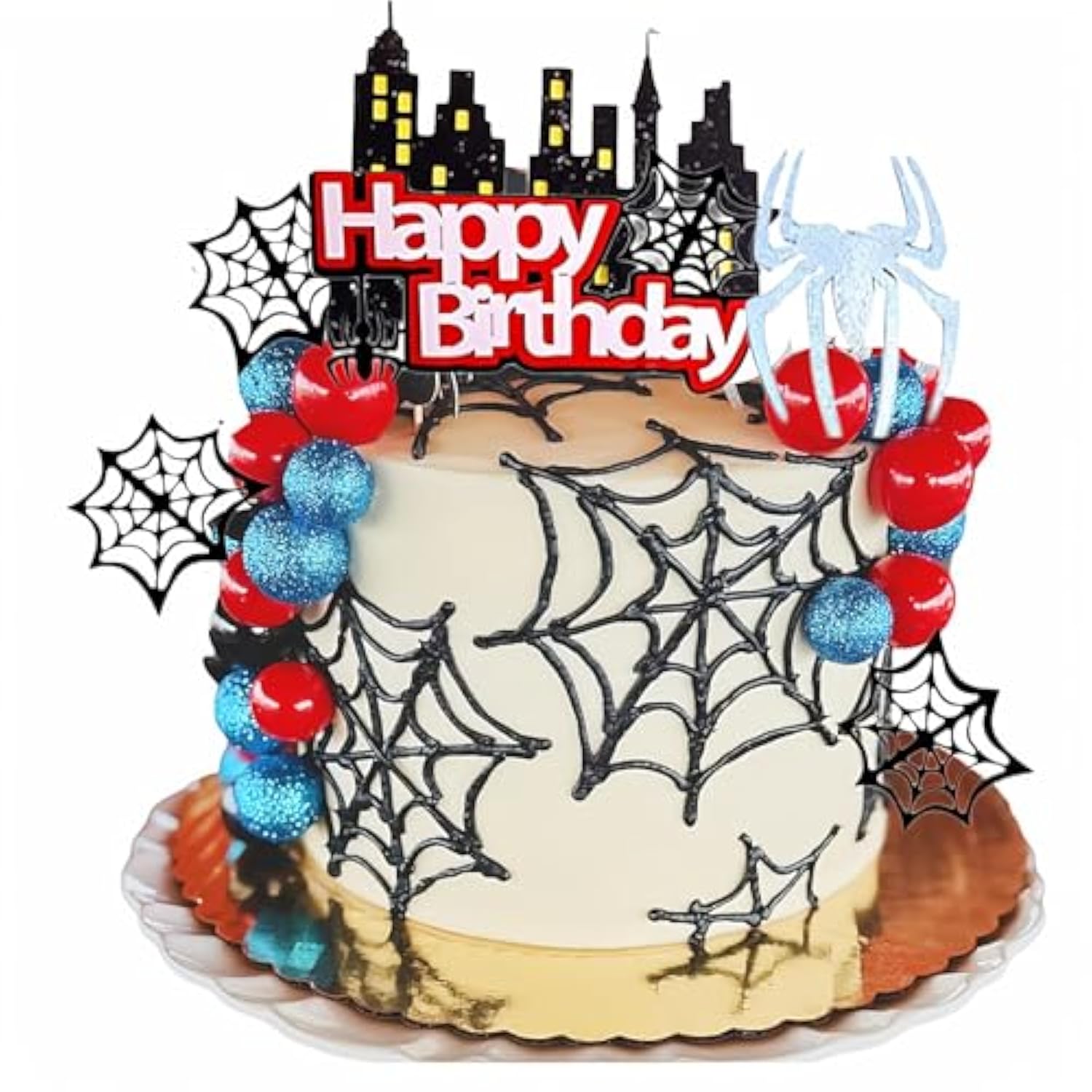 Spider/Web Cake Topper w/ Red/Black/Blue Balls for Boys Birthday/Baby Shower Decor