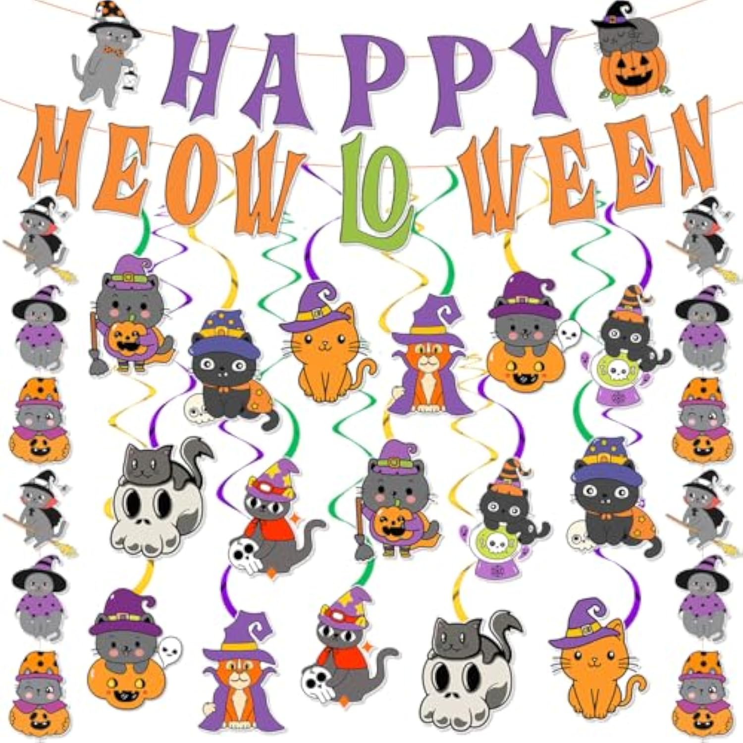 Halloween Party Decorations Little Cats "Happy Meow-Loween" Banner & Hanging Swirls