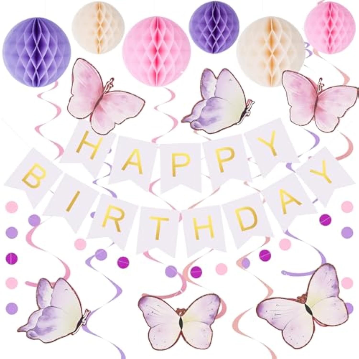 Birthday Decorations Set With Happy Birthday Banner, Butterfly Party Decorations Honeycomb Balls Swirls And Circle Dots Garland