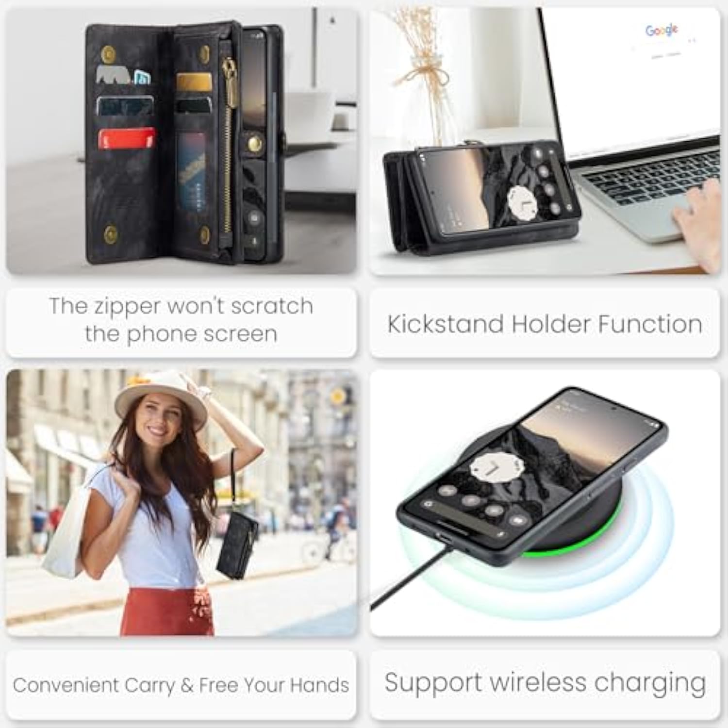 Pixel 9 Pro XL Wallet Case, Leather Zipper Folio, Card Holder, Wrist Strap - Black