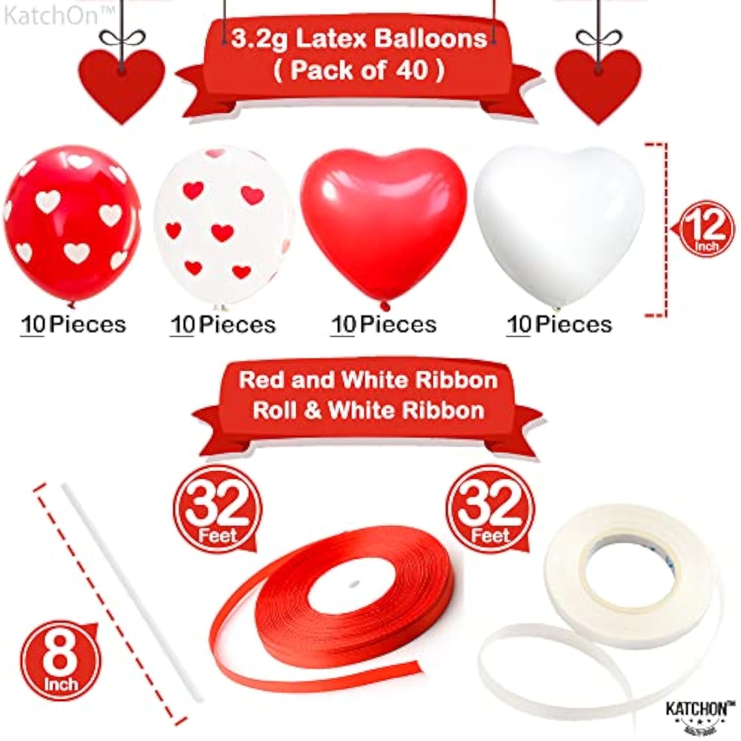 , Red And White Valentines Balloons - 12 Inch, Pack Of 40 | Heart Shap