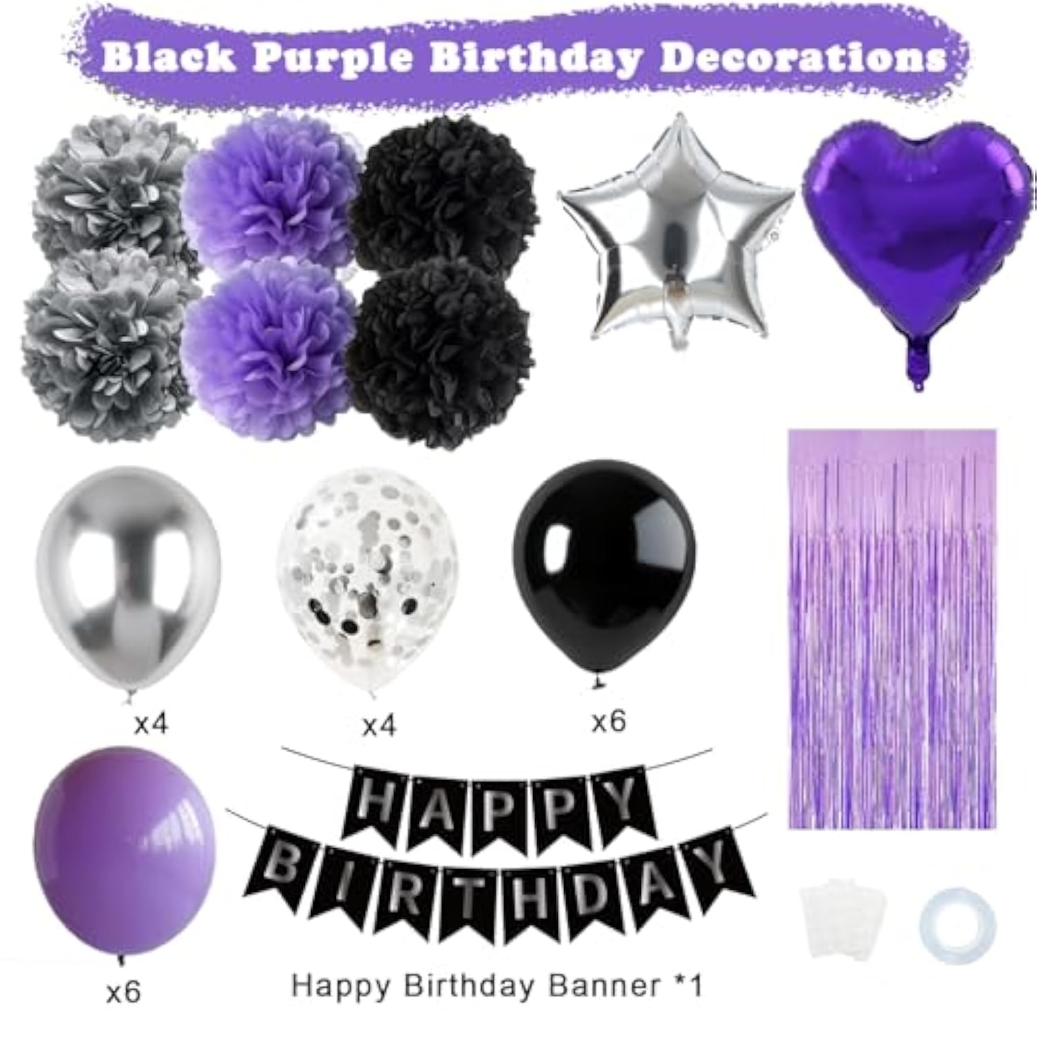Black Purple And Sliver Happy Birthday Party Decorations Balloons, Purple Birthday Decorations With Banner Curtains For Women Men Boys Girls