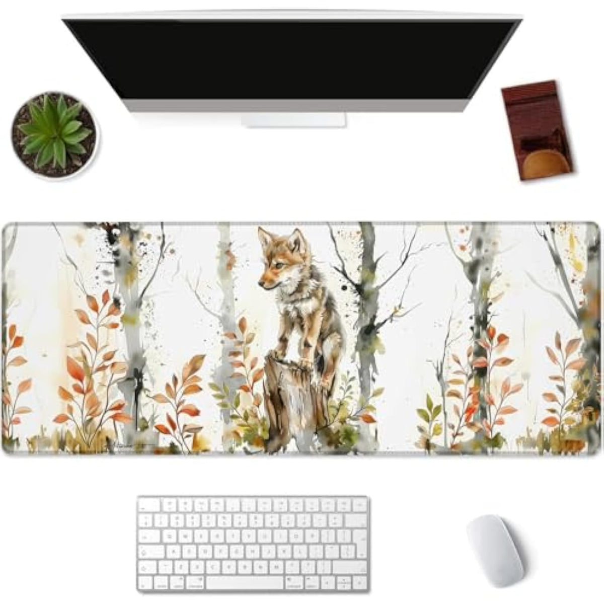 Cute Wolf Gaming Mouse Pad, Forest And Autumn Leaf Mousepads For Gaming Home Office Work, Extended Mats Computer Keyboard Laptop, 31.5×11.8 Inch Large Desk Mat With Non-Slip Rubber Base