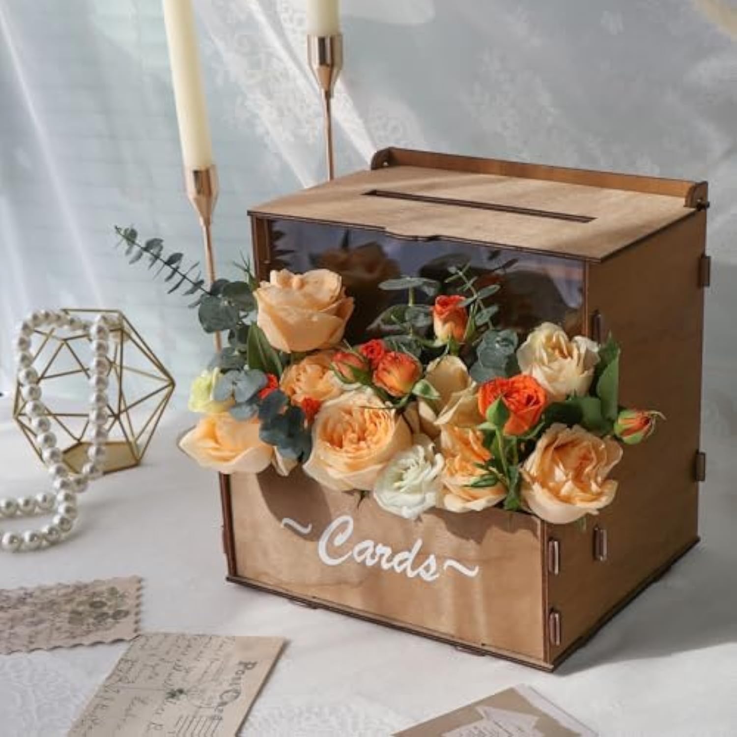Brown Wedding Card Box With Flower Trough & Acrylic Board, Wooden Wedding Card Boxes For Reception, Money Gift Box For Honeymoon, Graduation, Baby Showers, Birthday Party Decorations