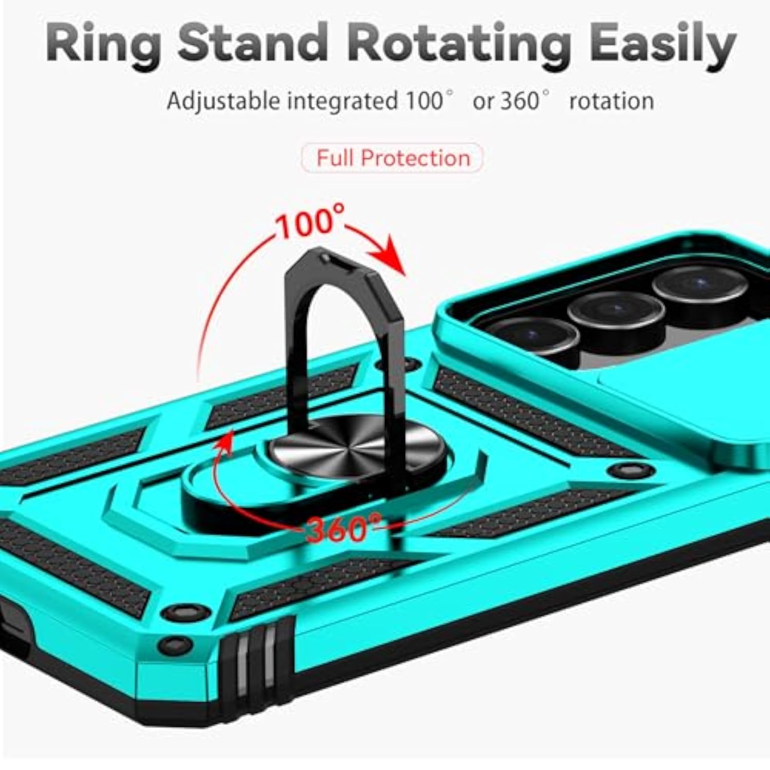 Samsung Galaxy S25 FE Heavy Duty Shockproof Full Body Protective Phone Case with Built-in Slide Camera Lens Cover, Finger Ring Holder Kickstand, and HD Screen Protector, Teal Color