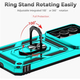 Samsung Galaxy S25 FE Heavy Duty Shockproof Full Body Protective Phone Case with Built-in Slide Camera Lens Cover, Finger Ring Holder Kickstand, and HD Screen Protector, Teal Color
