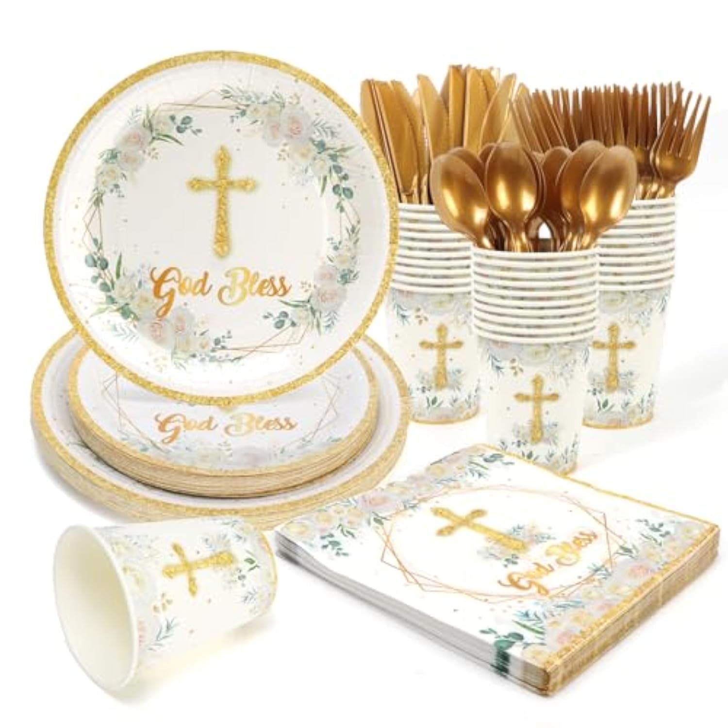168Pcs Baptism Decorations Paper Plates, God Bless Disposable Paper Plates And Napkins Cups First Communion Table Set For 24 Guests Baby Shower Kids Birthday Party Supplies For Girls Boys