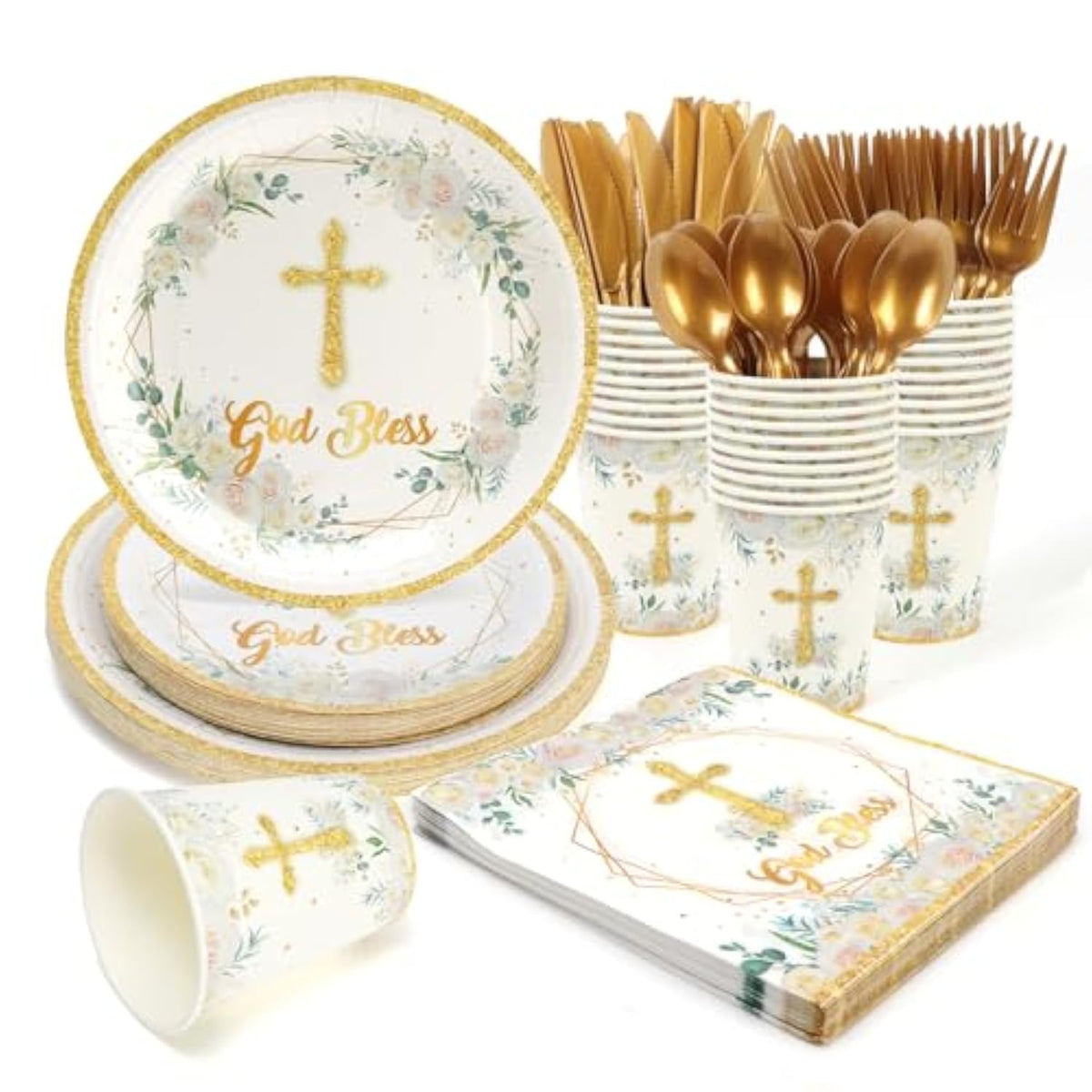 168Pcs Baptism Decorations Paper Plates, God Bless Disposable Paper Plates And Napkins Cups First Communion Table Set For 24 Guests Baby Shower Kids Birthday Party Supplies For Girls Boys