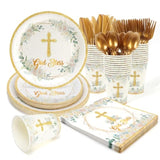 168Pcs Baptism Decorations Paper Plates, God Bless Disposable Paper Plates And Napkins Cups First Communion Table Set For 24 Guests Baby Shower Kids Birthday Party Supplies For Girls Boys