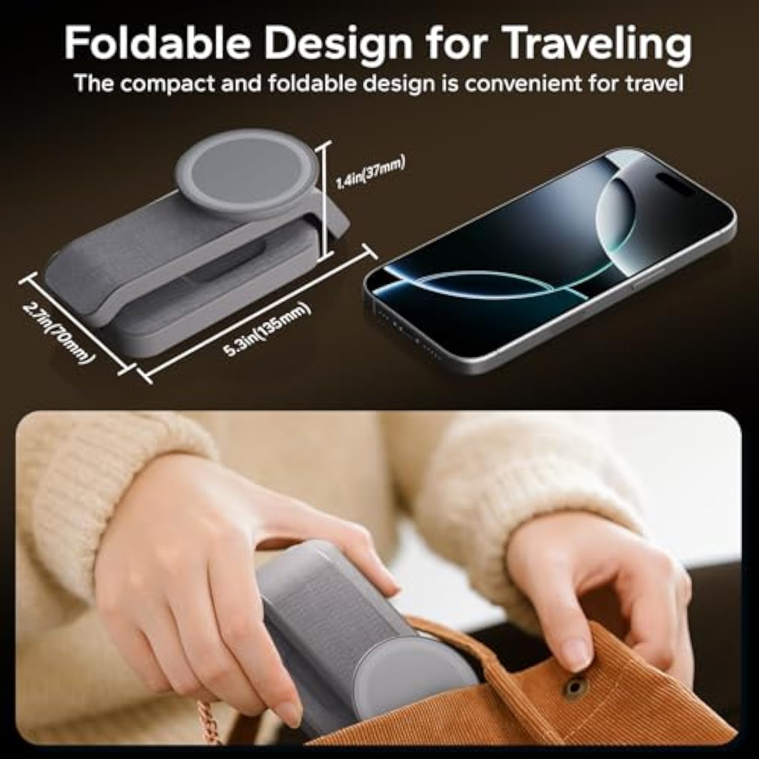 3 In 1 Foldable Wireless Charging Station For Magsafe, Nightstand Magnetic Charger Stand For Iphone 16 15 14 13 Pro Max, Travel Charging Dock With Night Light For Apple Watch/Airpods (Gray)