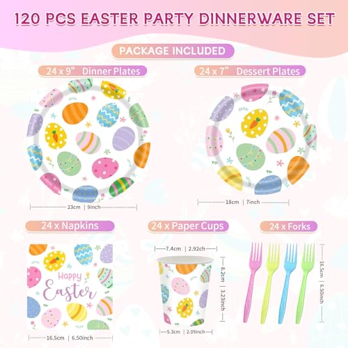 Easter Birthday Party Supplies Set - 120-Piece Easter Paper Plates and Napkins Forks Tableware Set,Disposable Tableware Kit with Bunny & Egg Designs, Perfect for Kids & Adults Spring Celebrations