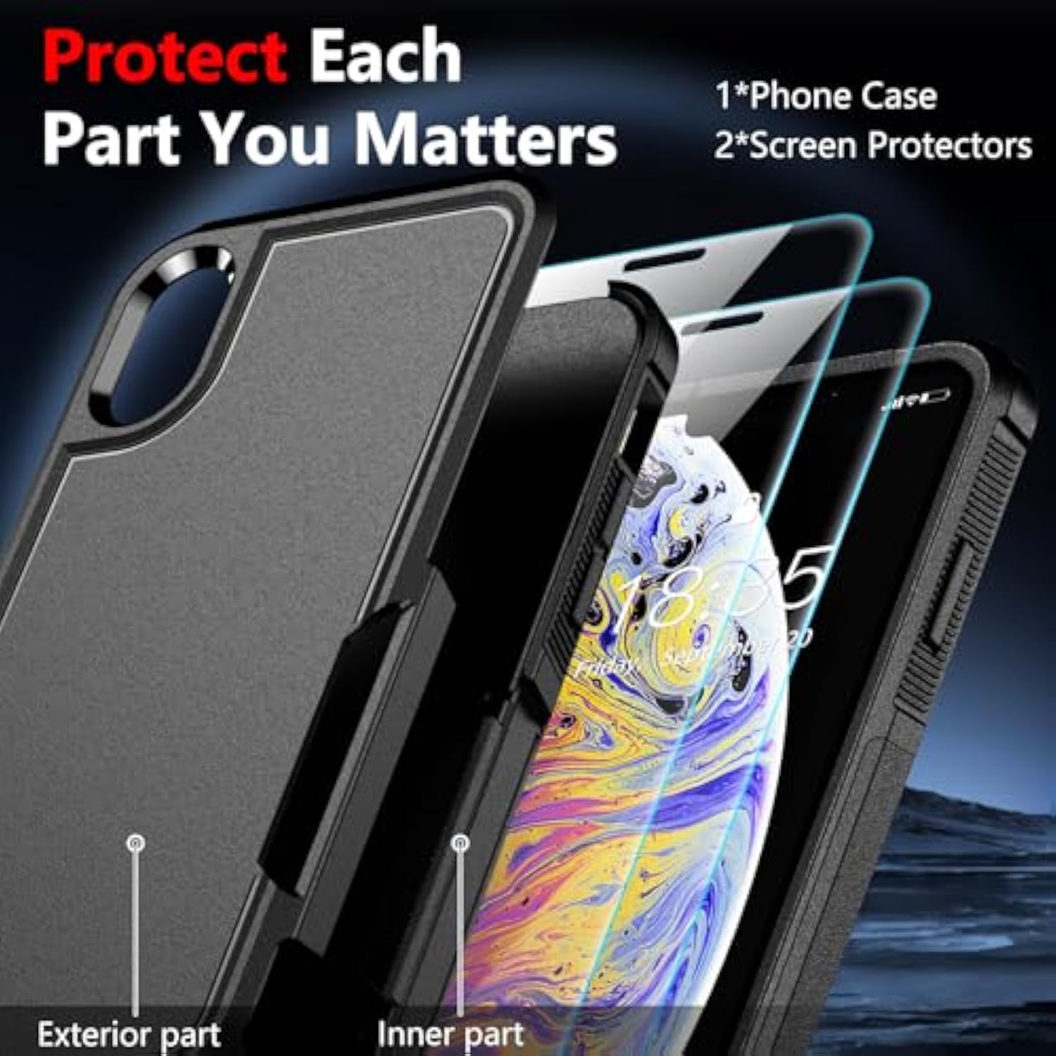 For X Case/ Xs Case, [Shockproof][Dropproof] [Non-Slip] [2 Pcs Tempered Glass Screen Protector] Heavy Duty Phone Case Cover For X/Xs 5.8,(Black)