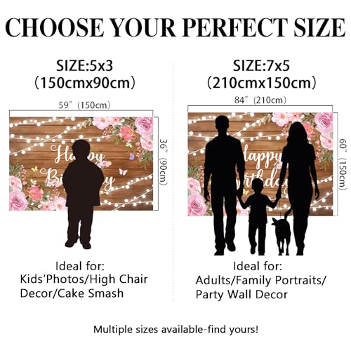 Happy Birthday Backdrop Banner for Women Rustic Wooden 7X5ft (84x59 inch) Large Happy Birthday Banner Decorations Pink Floral Party Decoration Background for 20th 30th Women Girl