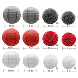 Hanging Party Decorations Set, 15Pcs Red Gray White Paper Flowers Pom Poms Balls And Paper Lanterns For Wedding Birthday Bridal Baby Shower Graduation