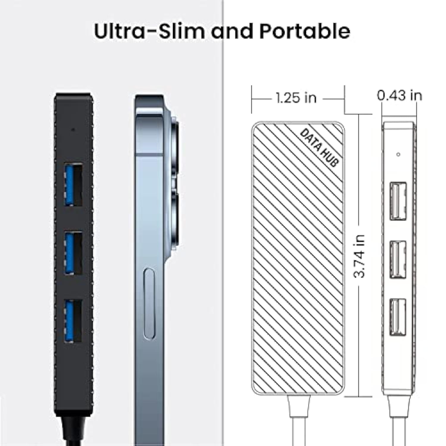 Usb Hub 3.0 4-Port, Ultra Slim Data Usb Splitter With 2Ft Extended Cable Compa