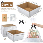 5 Set Leather Empty Gift Basket With Gift Bags Bow Ribbons Greeting Cards 9.8X8.3X3.5'' Empty Basket For Wedding Gifts Career Advancement Birthday Snack Storage Favor(Silver)