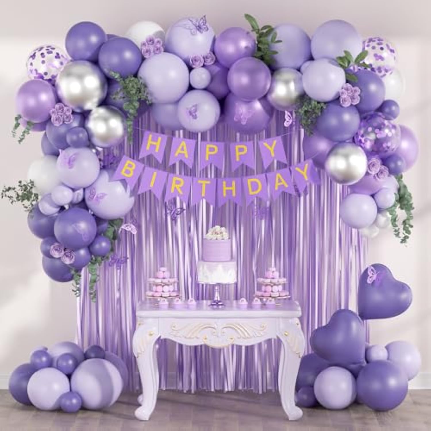 Metallic Silver White Lavender Purple Balloons, Happy Birthday Banner, Cake Topper, Fringe Curtains For Lavender Decorations